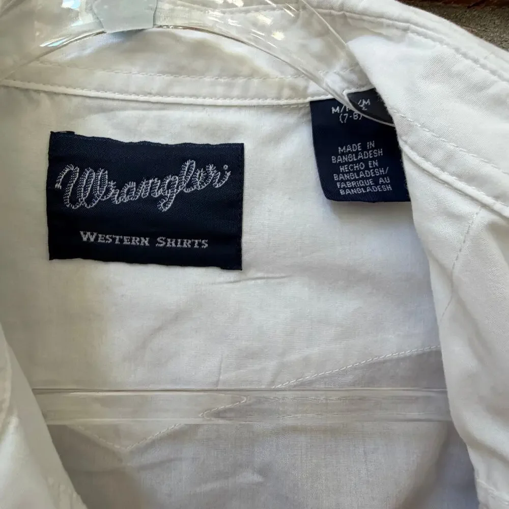 Wrangler Boys White Pearl Snap Shirt Size Medium 7-8 Western Cowboy Rodeo